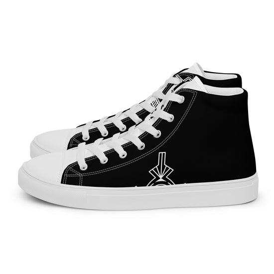 Women’s high top black canvas shoes with white rubber sole and lace-up front