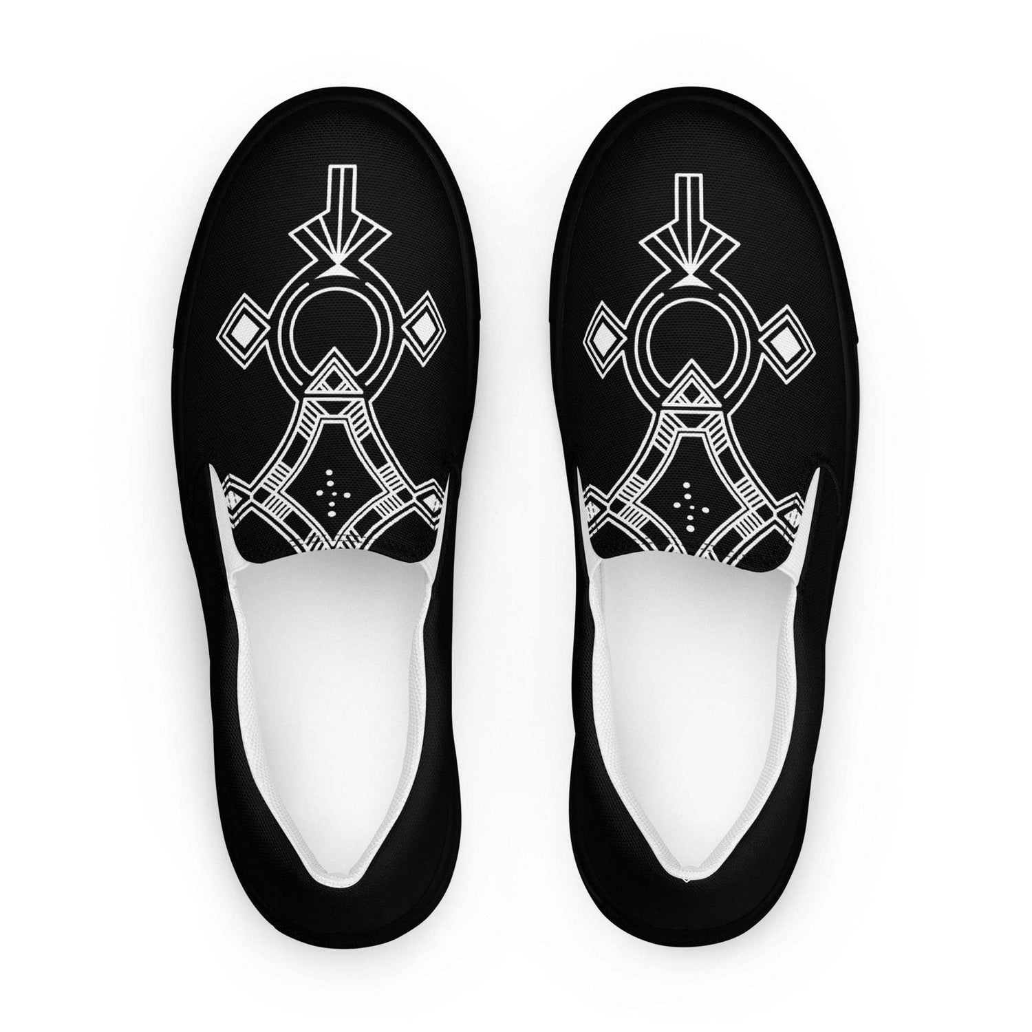 Top view of black Women’s slip-on canvas shoes with white geometric design and white interior lining