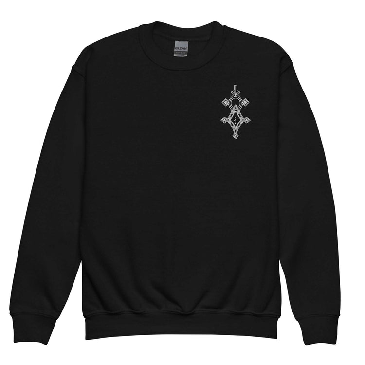 Black youth crewneck sweatshirt with small geometric design on chest, soft fleece fabric and regular fit