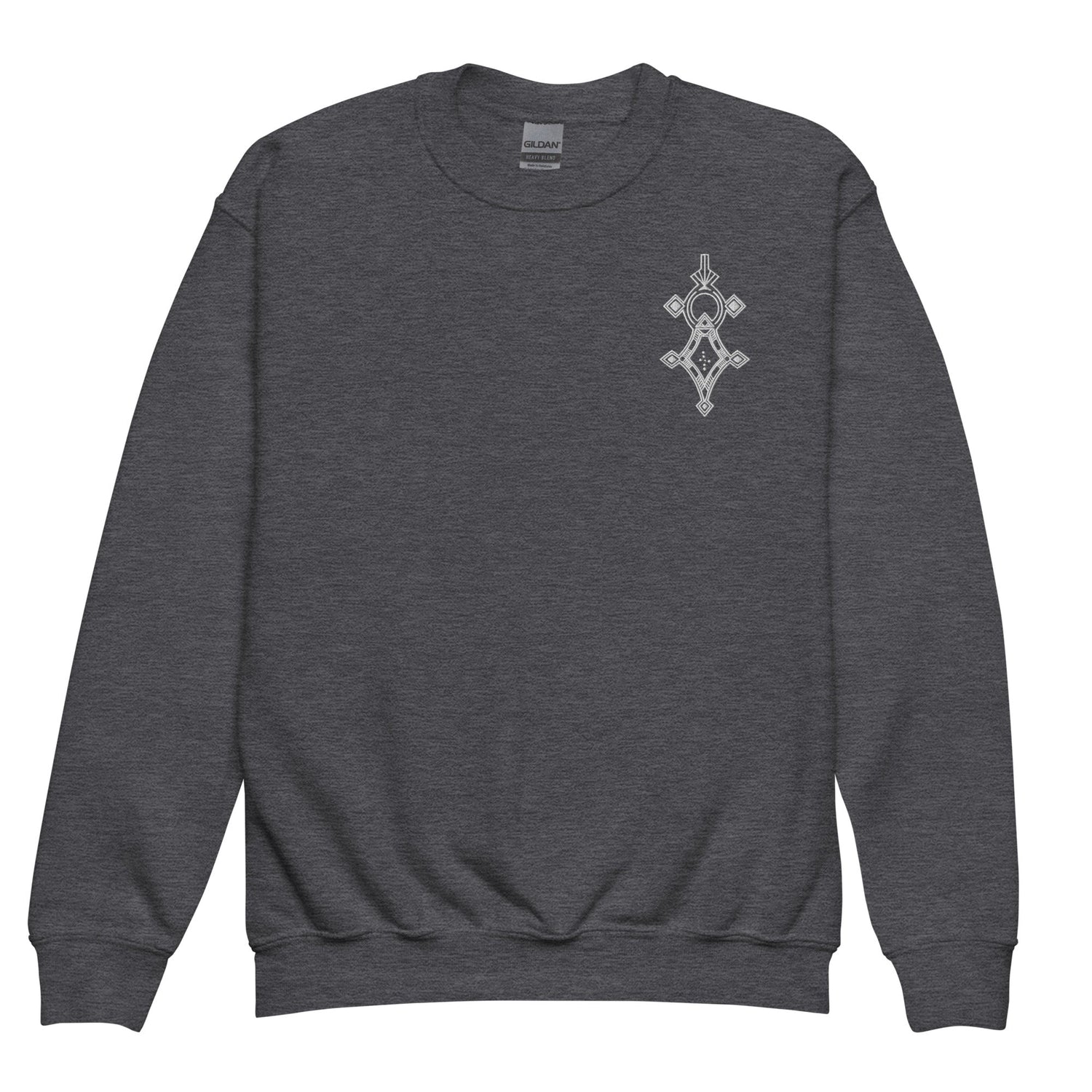 dark gray youth crewneck sweatshirt with small geometric design on chest made of soft fleece fabric