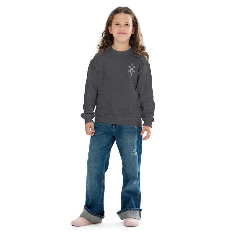 Youth crewneck sweatshirt in dark gray worn by child, soft fleece fabric, casual fit for kids