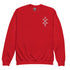 Red youth crewneck sweatshirt with white geometric design, soft fleece fabric, regular fit, cozy and durable style