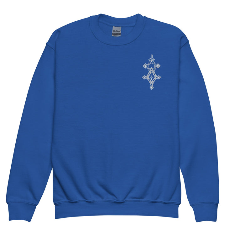Blue youth crewneck sweatshirt with geometric design made of soft fleece fabric