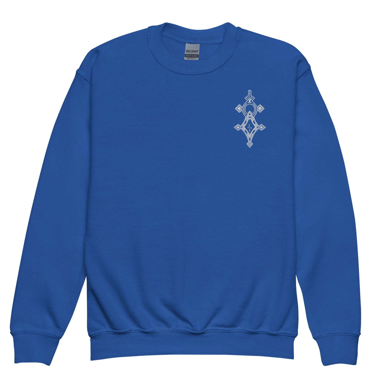 Blue youth crewneck sweatshirt made of soft cotton polyester fleece with front geometric design and regular fit