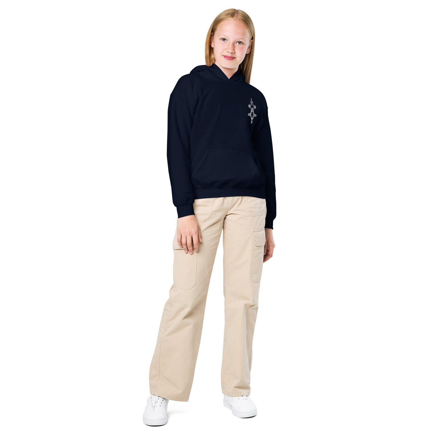 Youth wearing navy youth heavy blend hoodie with front pouch pocket and double-lined hood