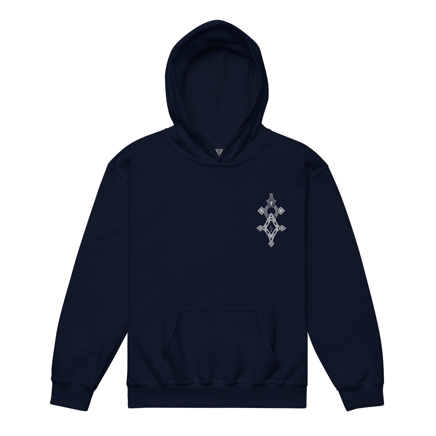 Youth heavy blend hoodie in navy with front pouch pocket and printed design, made of durable cotton-polyester fleece