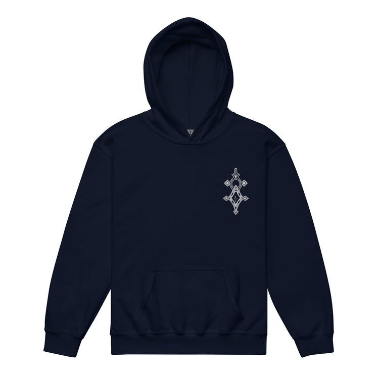 Youth heavy blend hoodie in navy with front pouch pocket and printed design, made of durable cotton-polyester fleece