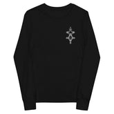 Black youth long sleeve tee with ribbed cuffs and small graphic on chest made of soft Airlume cotton