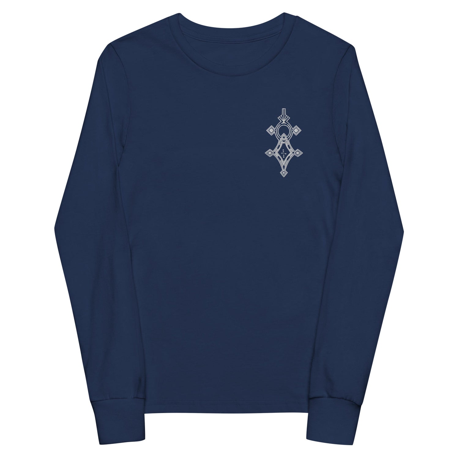Navy youth long sleeve tee with ribbed cuffs and small chest design, made of soft durable Airlume cotton