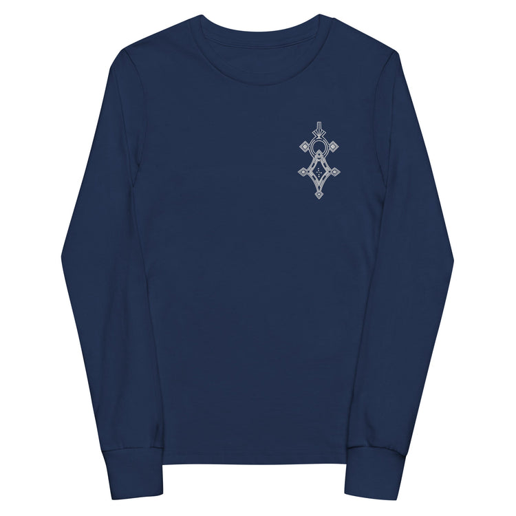 Navy youth long sleeve tee with ribbed cuffs and small chest design, made of soft durable Airlume cotton