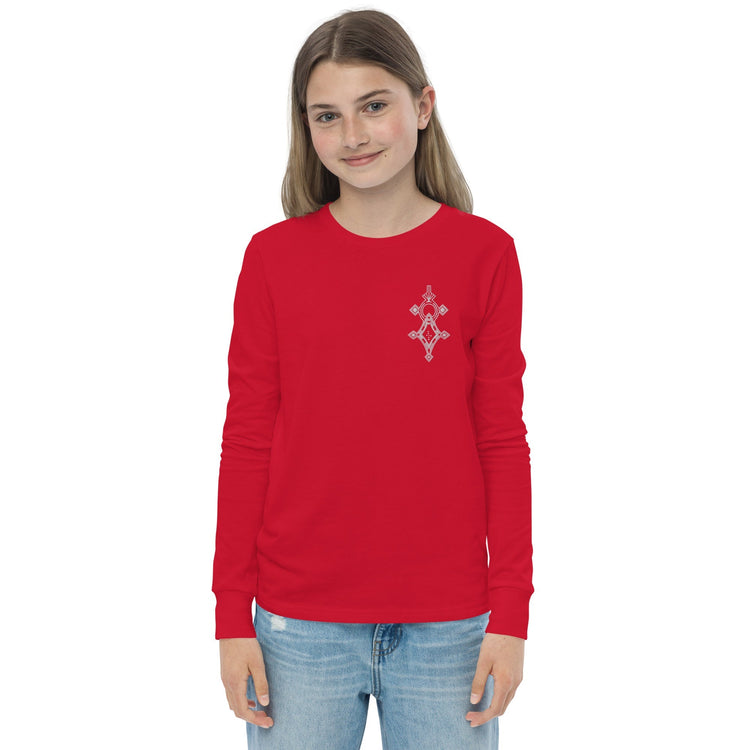 Youth long sleeve tee in red with ribbed cuffs and crew neck worn by girl