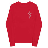 Red youth long sleeve tee with ribbed cuffs and small chest design made of soft Airlume cotton