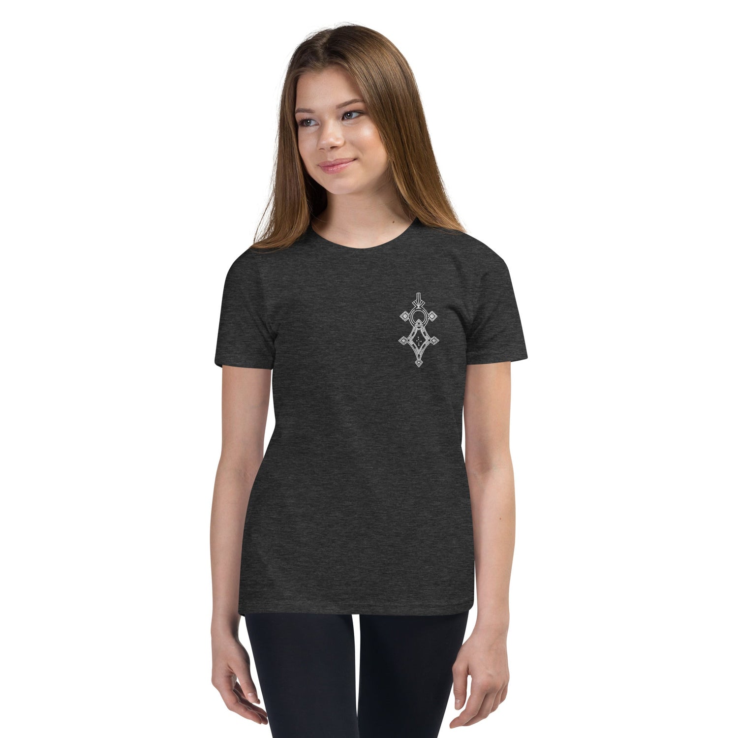 Youth short sleeve t-shirt in dark heather with unique chest design worn by girl