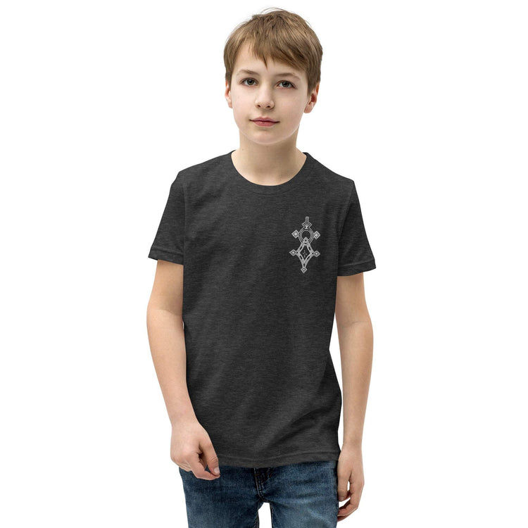 youth short sleeve t-shirt in dark heather with unique chest design worn by boy