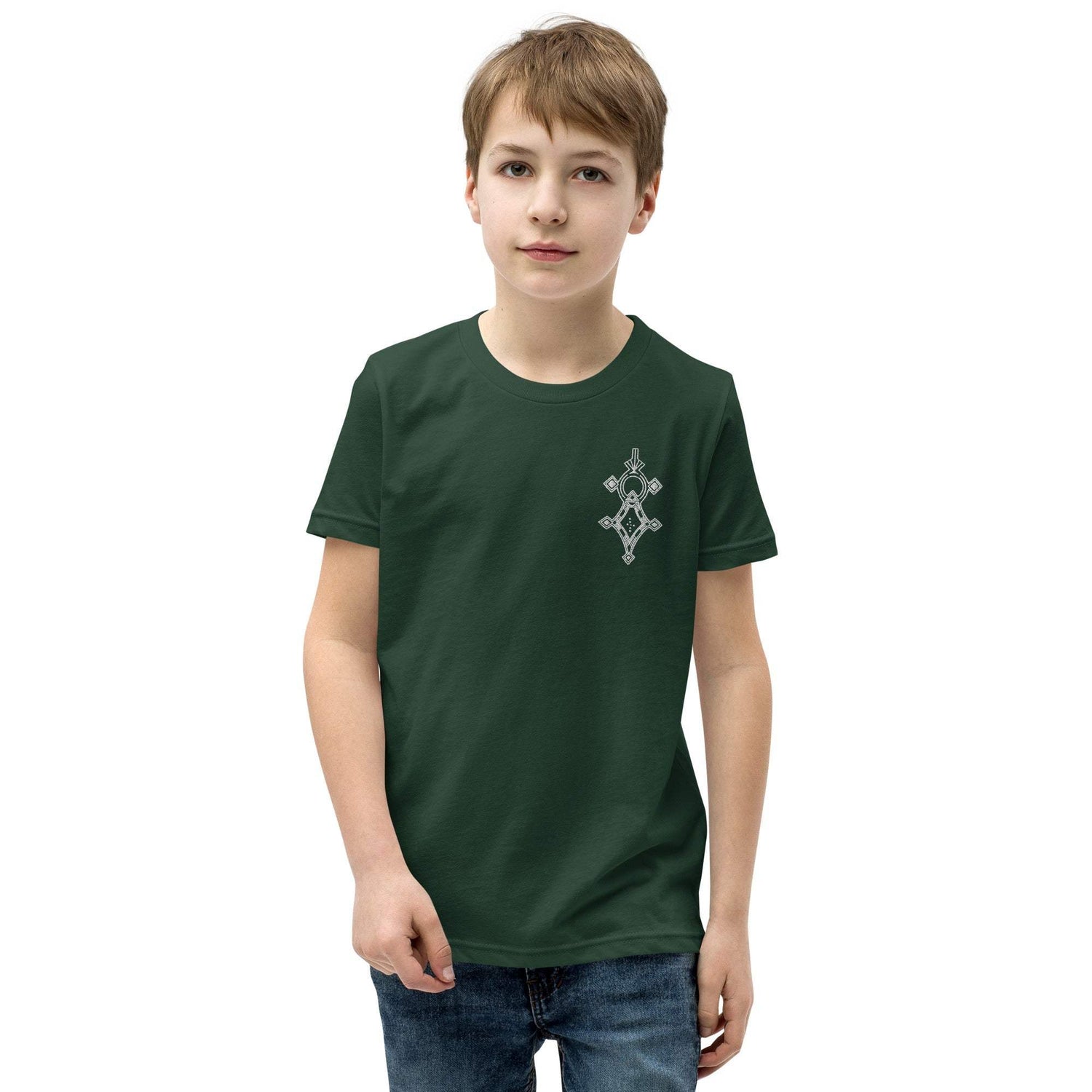 Youth short sleeve t-shirt in dark green with unique emblem, soft cotton fabric, and relaxed unisex fit worn by child