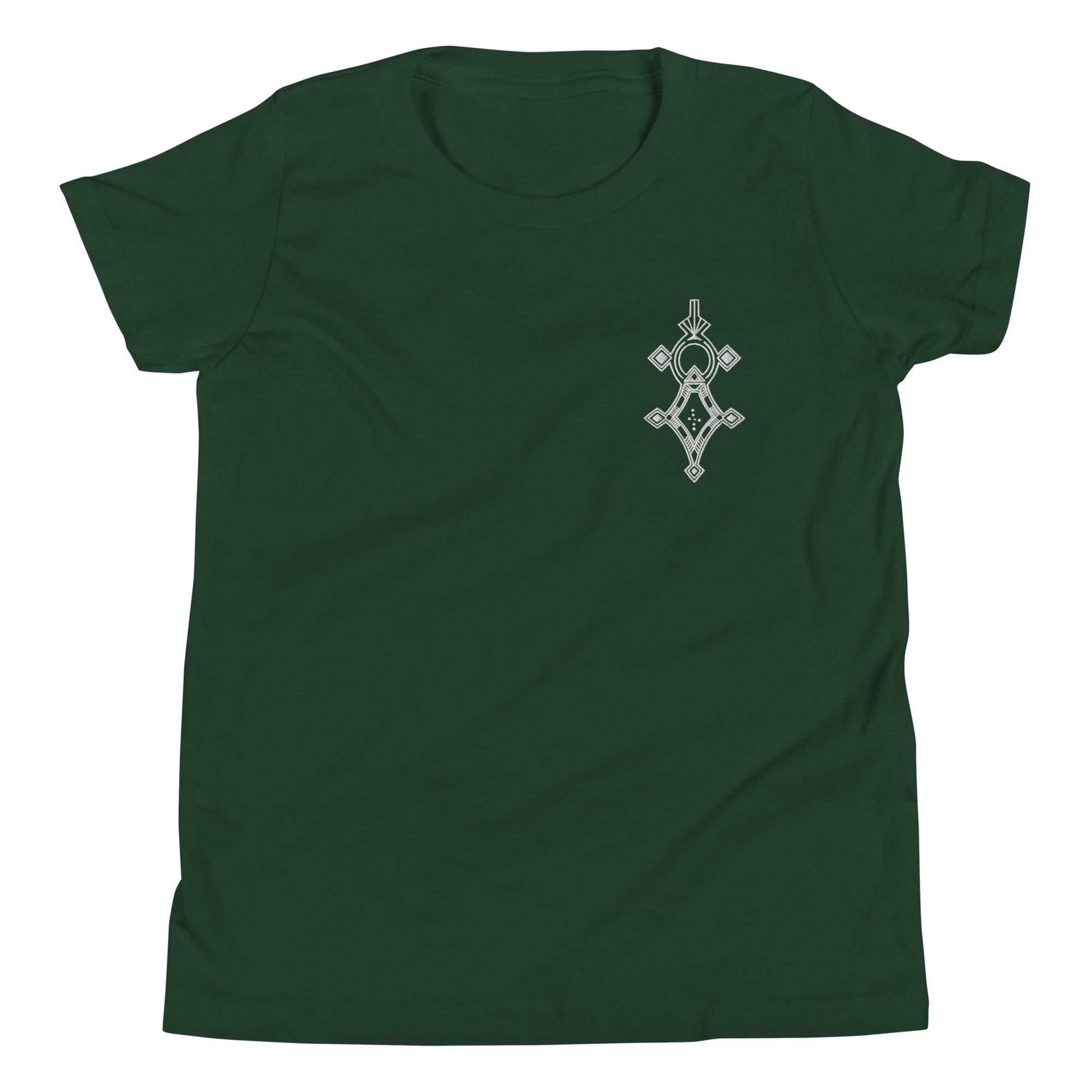 Youth short sleeve t-shirt in dark green with unique front design, soft cotton fabric, relaxed unisex fit.