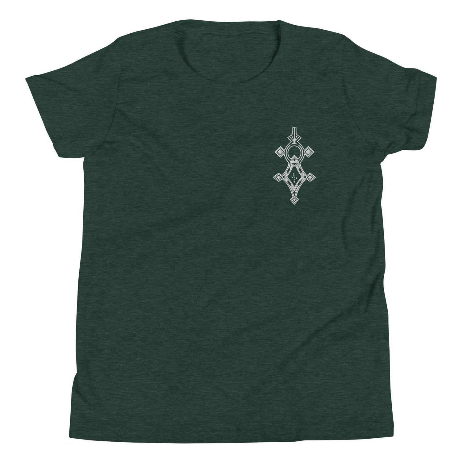 Youth short sleeve t-shirt in dark green with unique design, lightweight and soft cotton fabric