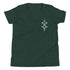 Youth short sleeve t-shirt in dark green with unique design, lightweight and soft cotton fabric