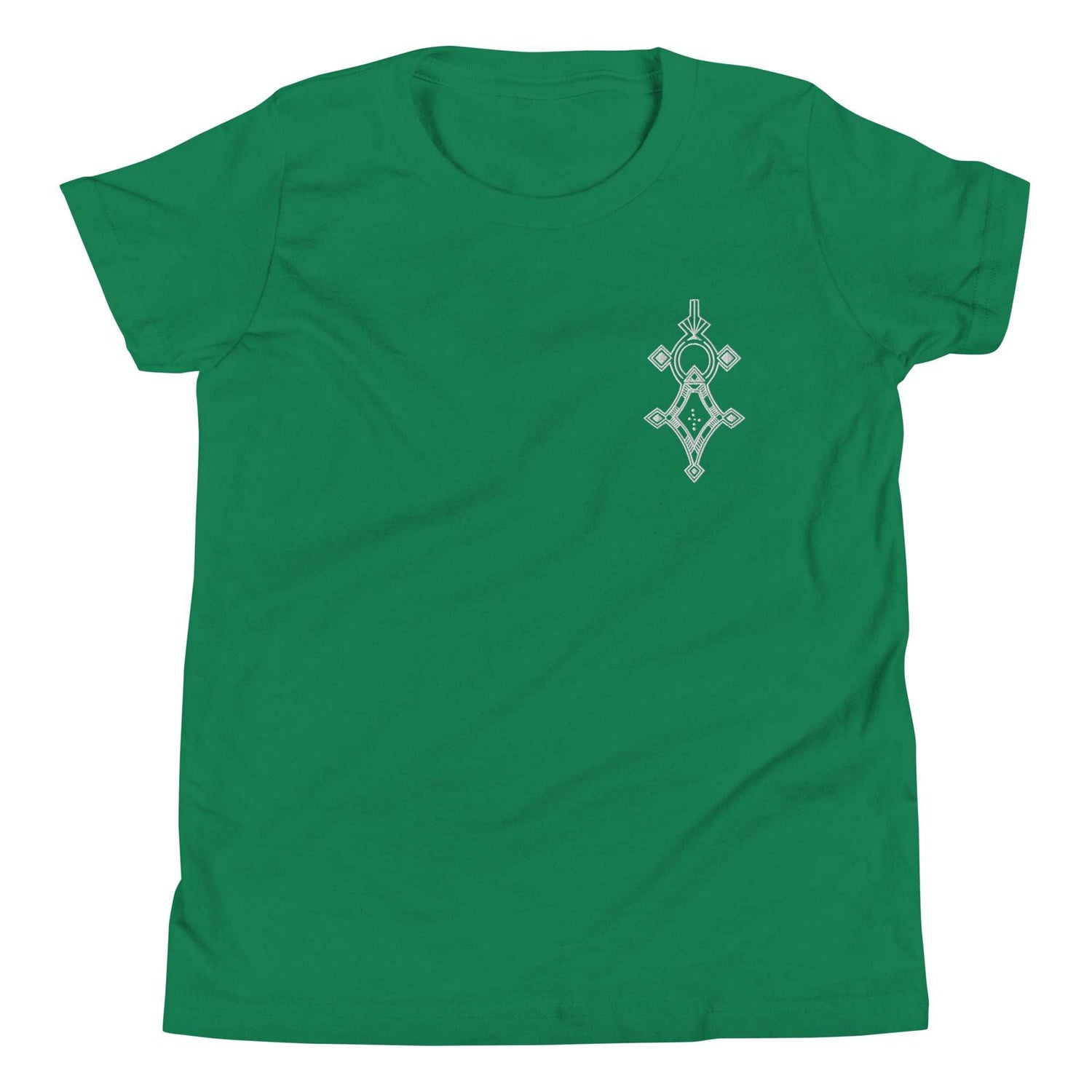 Youth short sleeve t-shirt in green with unique small geometric design, made from soft cotton blend fabric
