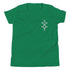 Youth short sleeve t-shirt in green with unique small geometric design, made from soft cotton blend fabric