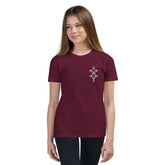 Youth short sleeve t-shirt in maroon with unique small chest design, soft cotton fabric, relaxed unisex fit