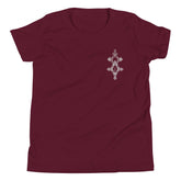 Youth short sleeve t-shirt in maroon with unique front design, soft cotton blend, and relaxed unisex fit