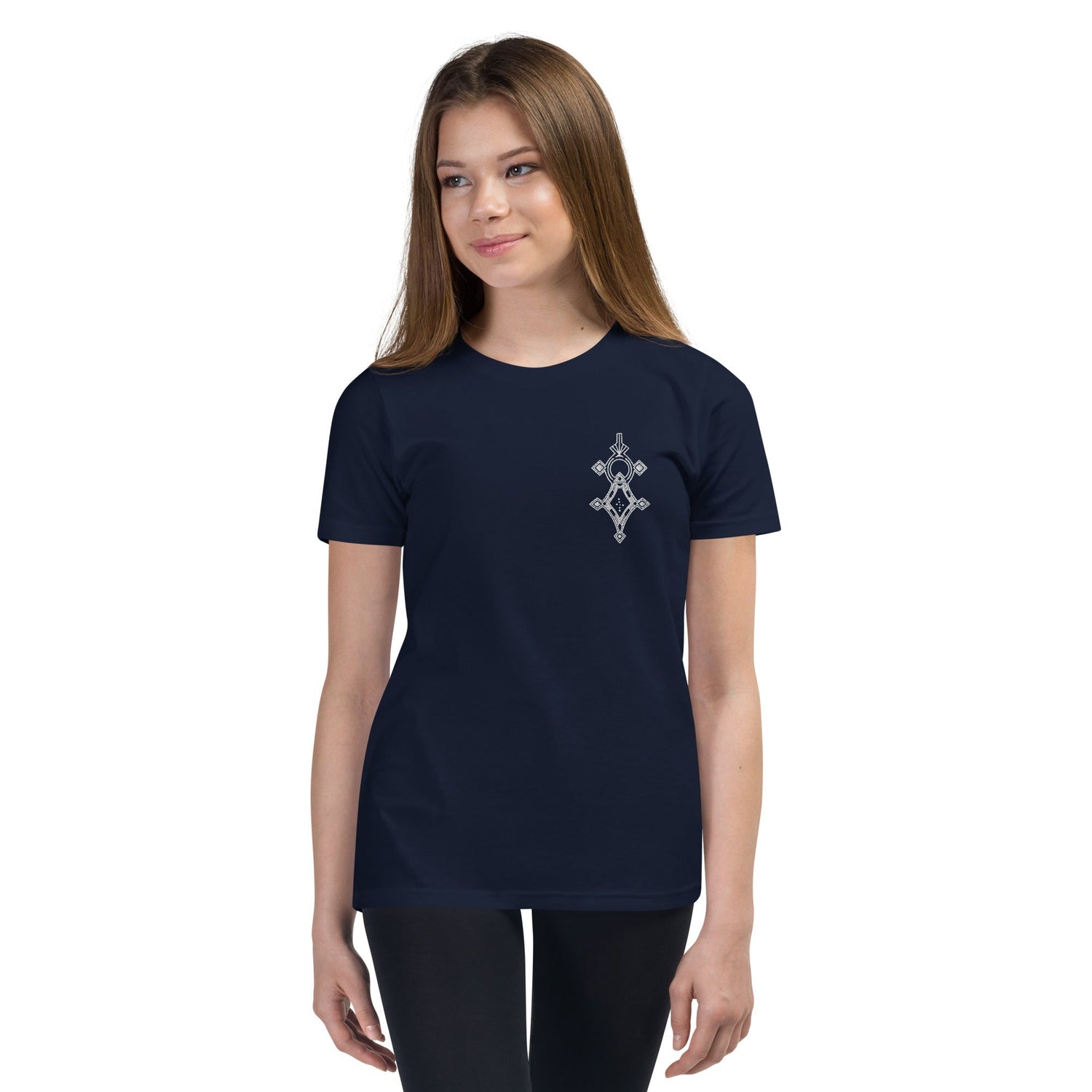 youth short sleeve t-shirt navy blue with small chest design worn by girl