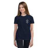 youth short sleeve t-shirt navy blue with small chest design worn by girl