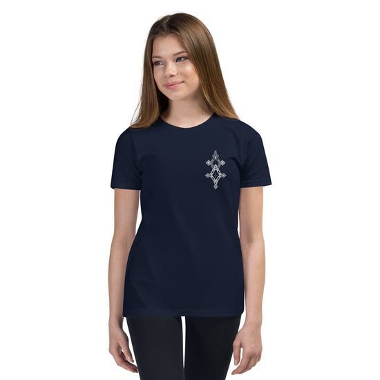 youth short sleeve t-shirt navy blue with small chest design worn by girl