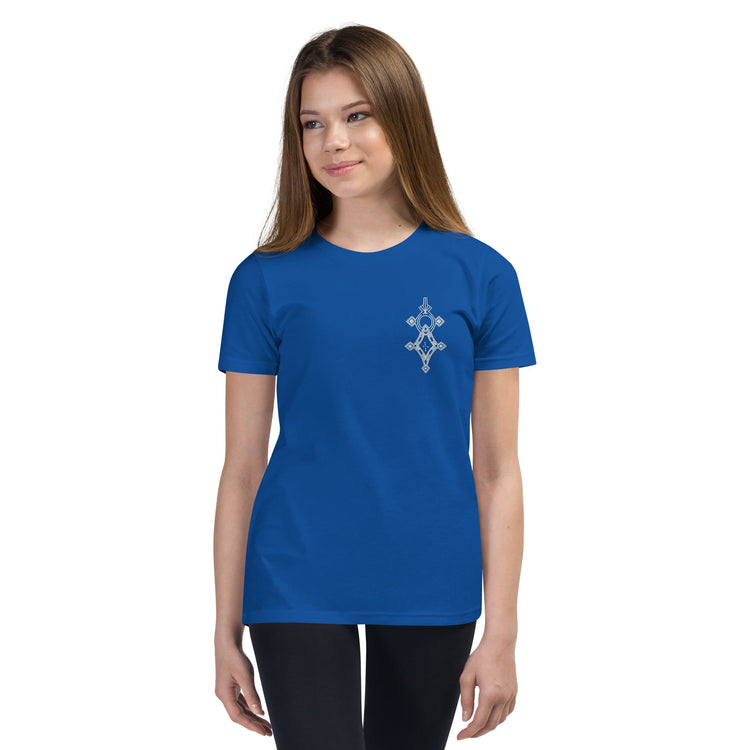 Youth short sleeve t-shirt in blue with unique design, soft cotton fabric, relaxed unisex fit, modeled by a young girl