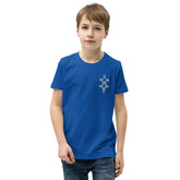 Youth short sleeve t-shirt in blue with unique chest design worn by boy, soft cotton fabric, relaxed unisex fit