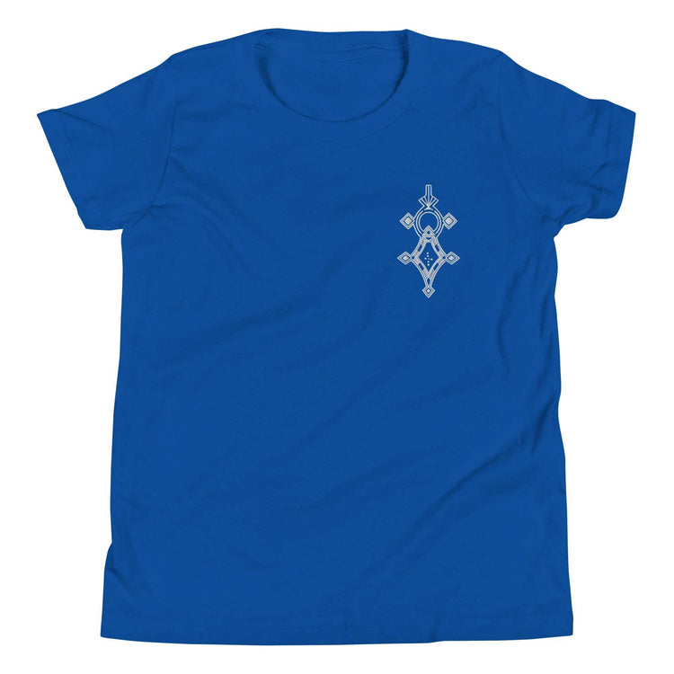 Youth short sleeve t-shirt in blue with unique white geometric design, soft lightweight cotton blend, relaxed unisex fit